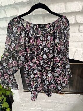 Pink & Black Floral Peasant Blouse